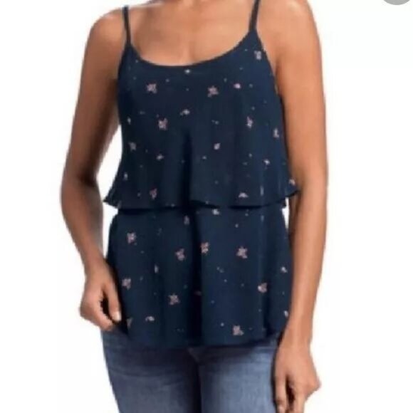 Cabi S Navy Tank Top Blue Tiered Floral Layered Fairy Cottage Summer Chiffon 795 - Picture 1 of 7